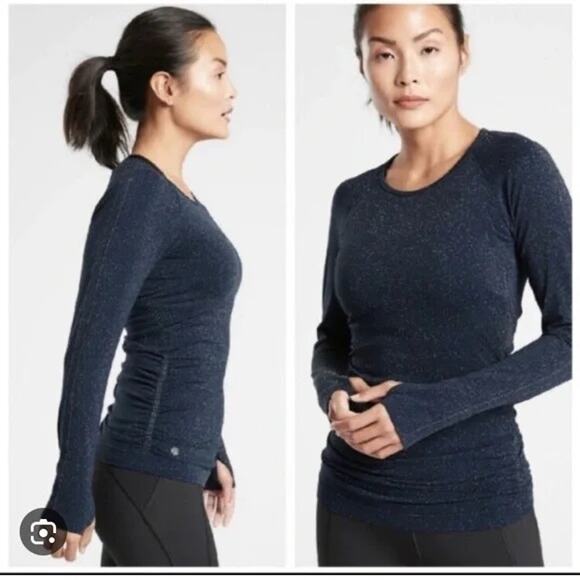 Athleta Speedlight Glow Long Sleeve Shirt Navy Sparkles Thumb Holes Women XL - Picture 1 of 12